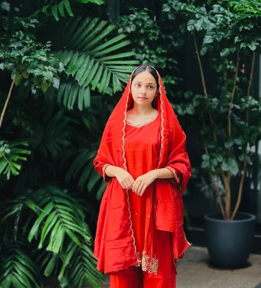 Women's Red Chinon Silk  Embroidery 5Mm Sequence Work  Kurta Set