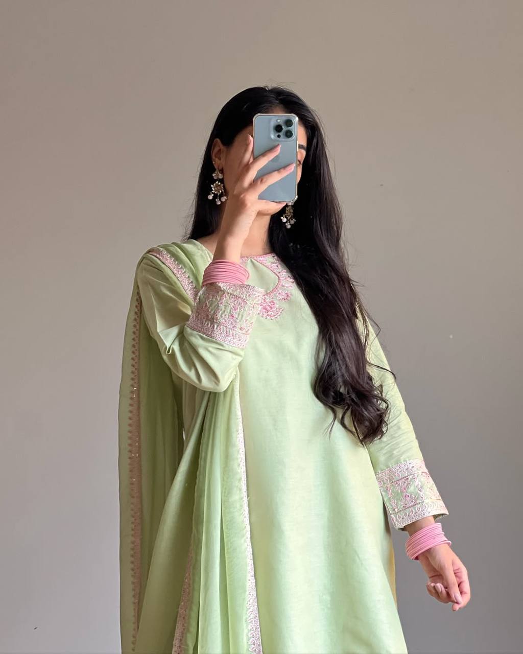 Women's Pista Rayon Cotton Silk  Multi Needle Work, Sequence Work, Embroidery Work, Zari Work Kurta Set