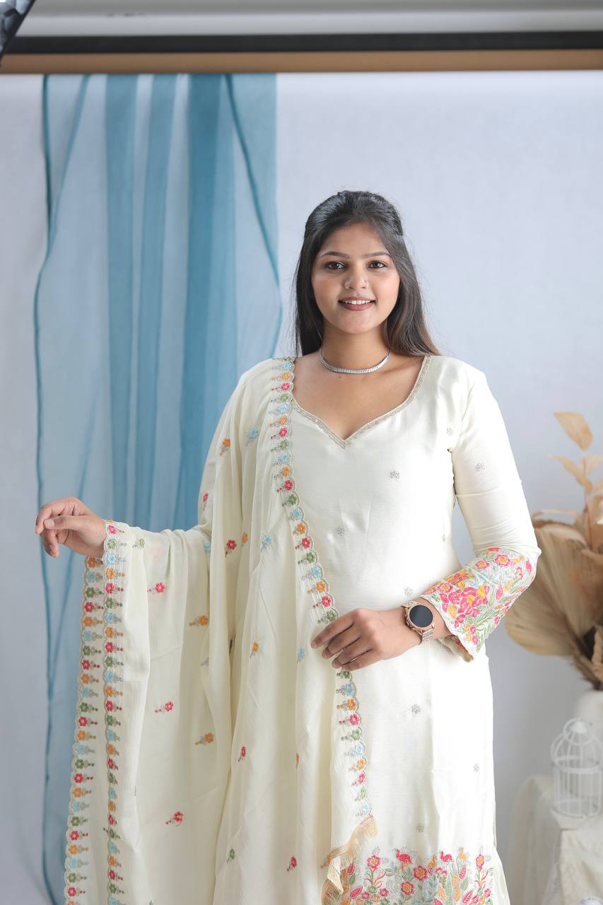 Women's White Chinon Silk  Embroidery Multi Thread Work  Kurta Set