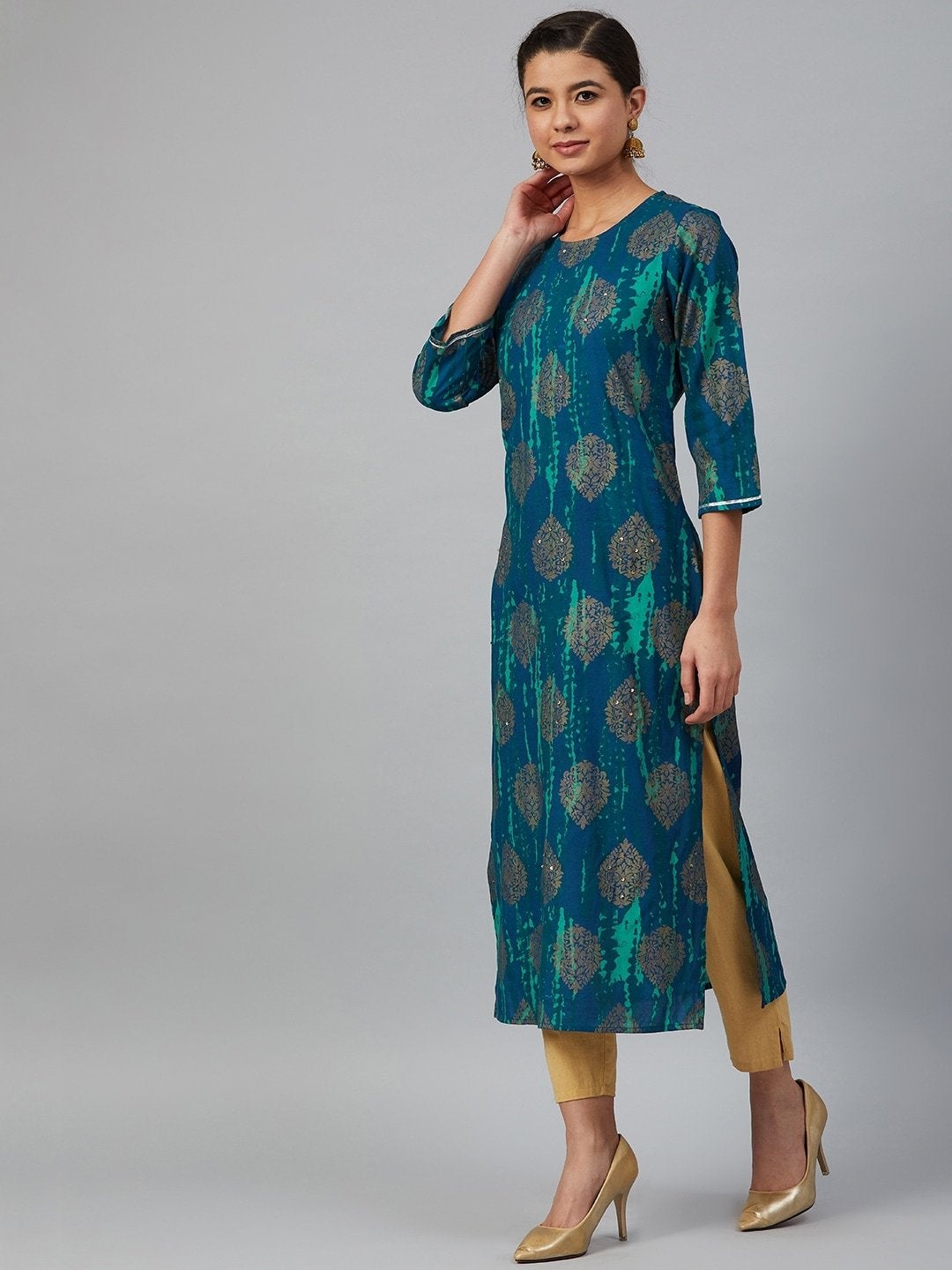 Women's Navy Blue & Green Printed Straight Kurta