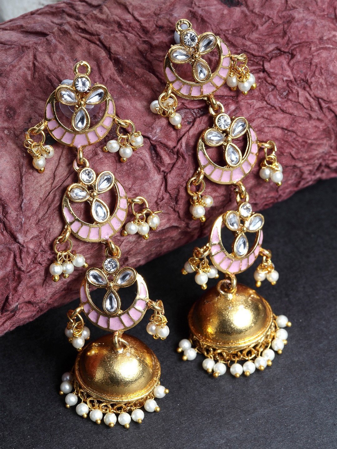 Women's  Gold Plated 3 Layered Long Jhumki Earrings With Pink Enamel Glided With Kundans & Pearls