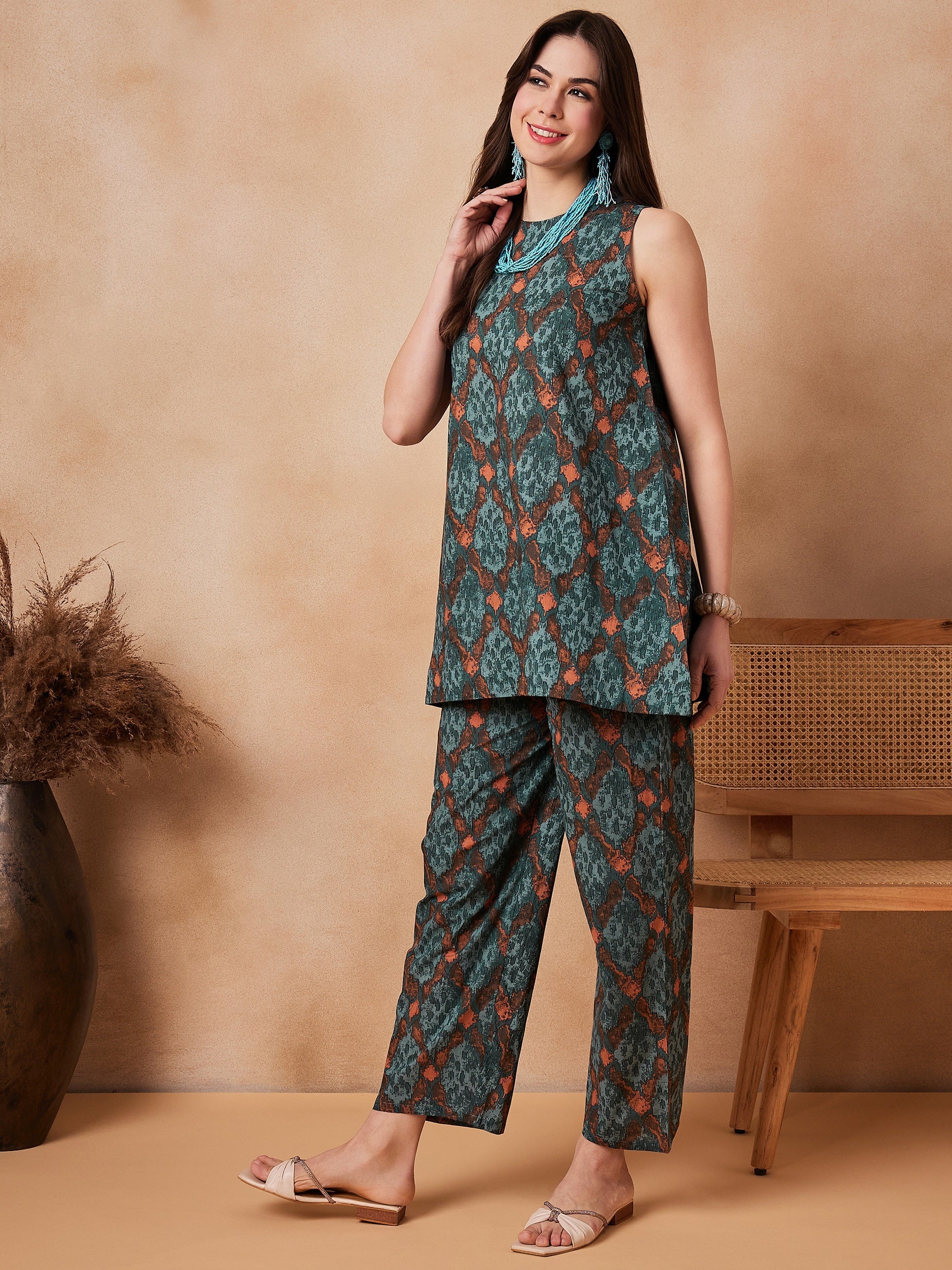 Women's Aqua Pearl Abstract Printed Coords Set - InWeave