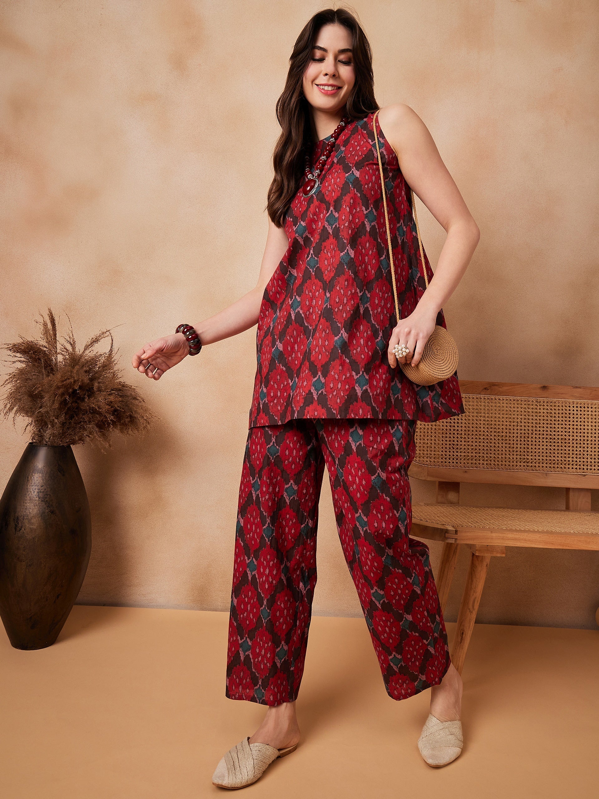 Women's Red Abstarct Printed Coords Set - InWeave