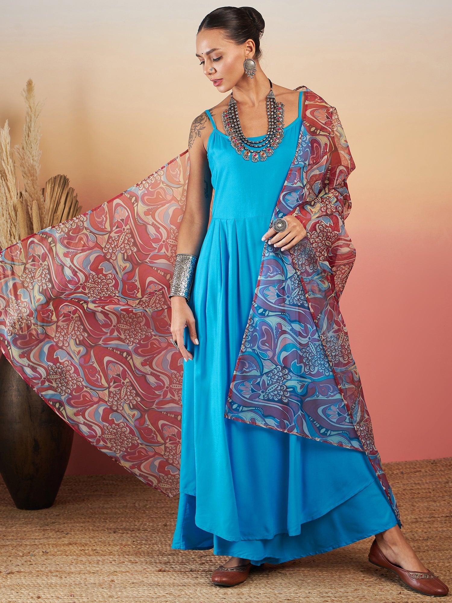 Women's CYAN BLUE STRAPPY W PEACH SWIRL PRINT ORGANZA DUPATTA SET - InWeave