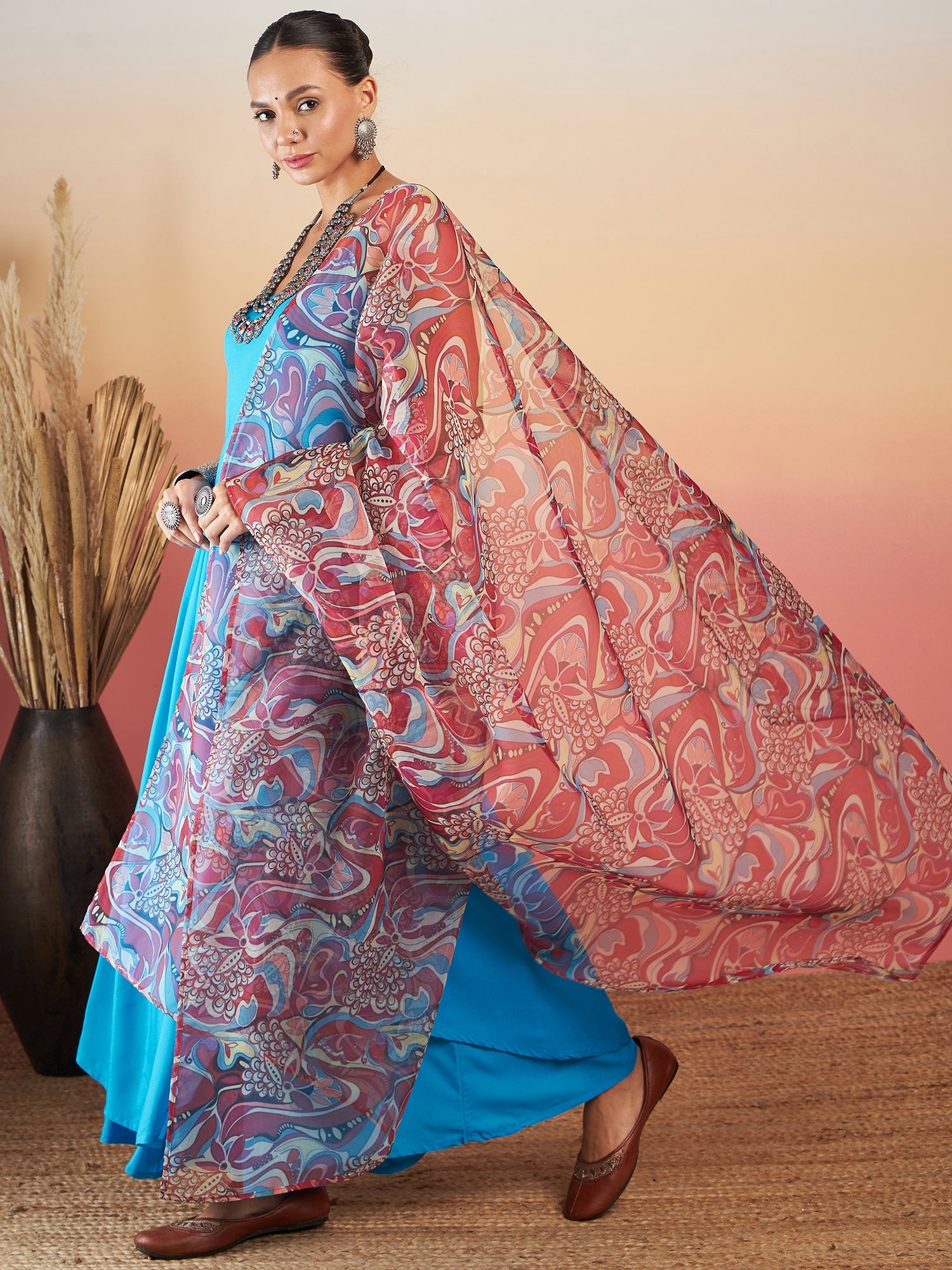 Women's CYAN BLUE STRAPPY W PEACH SWIRL PRINT ORGANZA DUPATTA SET - InWeave