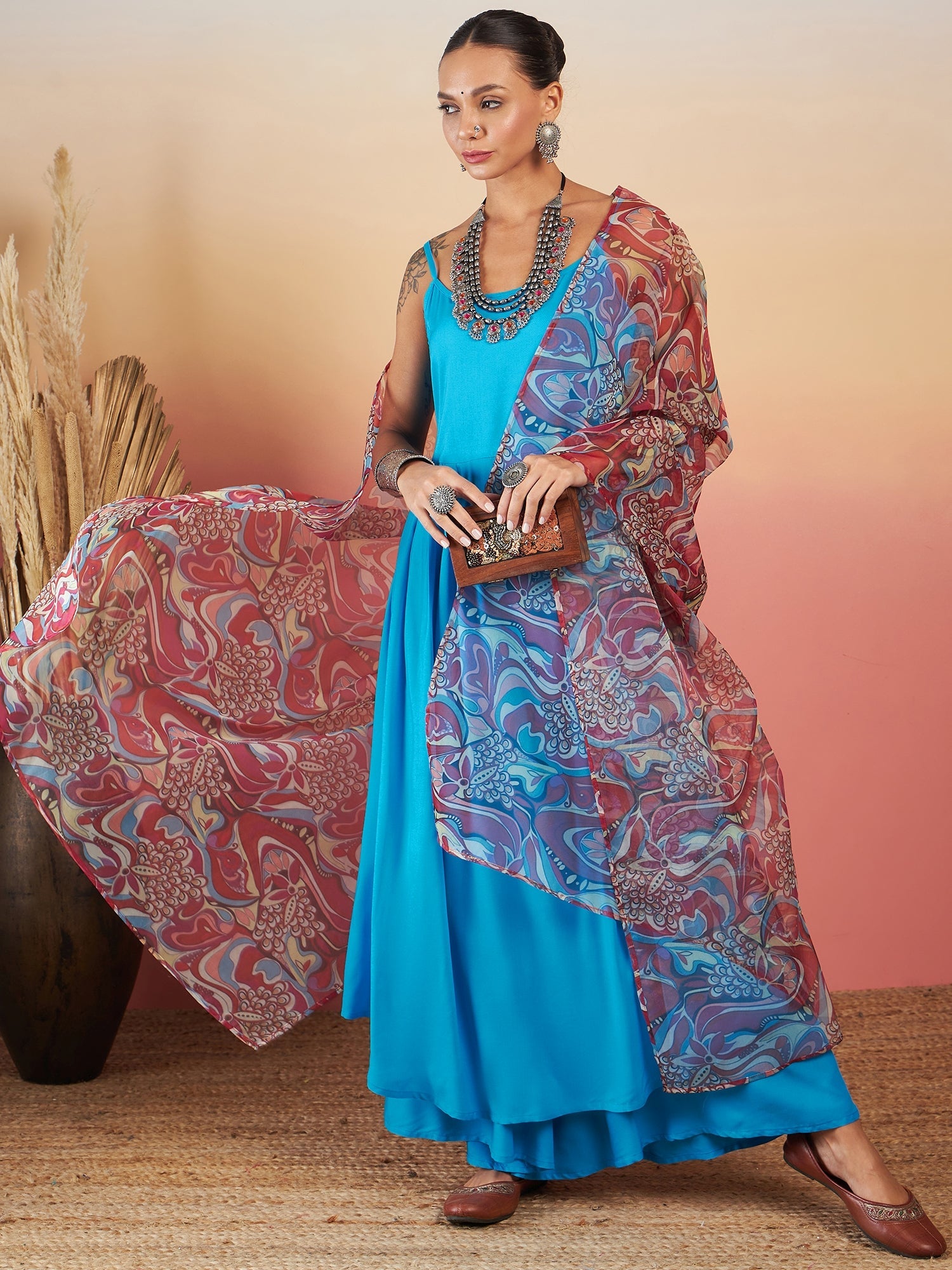 Women's CYAN BLUE STRAPPY W PEACH SWIRL PRINT ORGANZA DUPATTA SET - InWeave