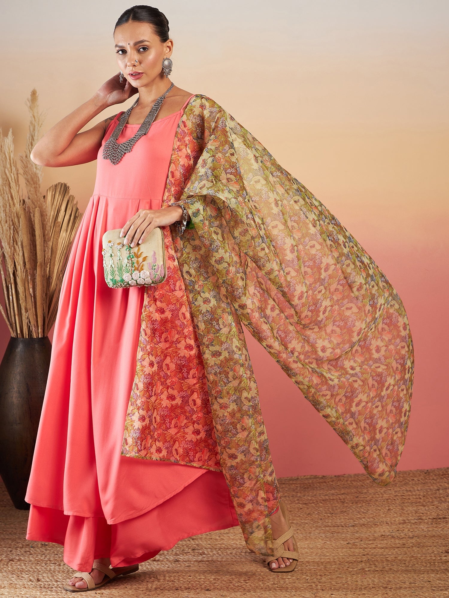 Women's DARK PEACH STRAPPY W OLIVE LIBERTY PRINT ORGANZA DUPATTA SET - InWeave