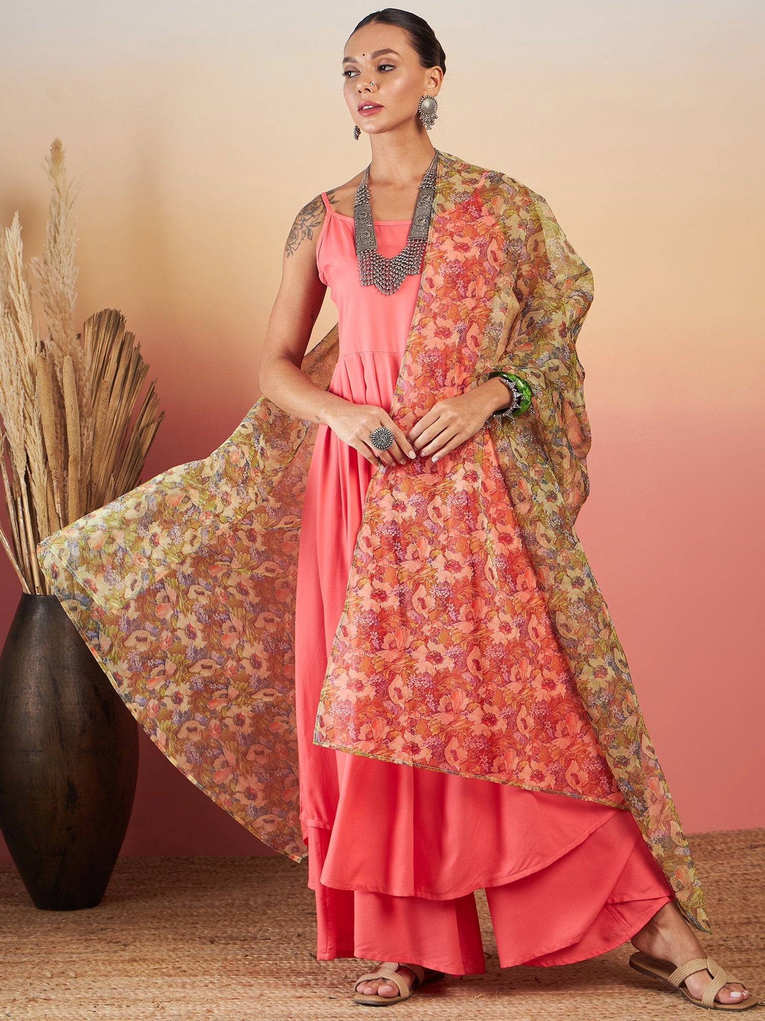 Women's DARK PEACH STRAPPY W OLIVE LIBERTY PRINT ORGANZA DUPATTA SET - InWeave