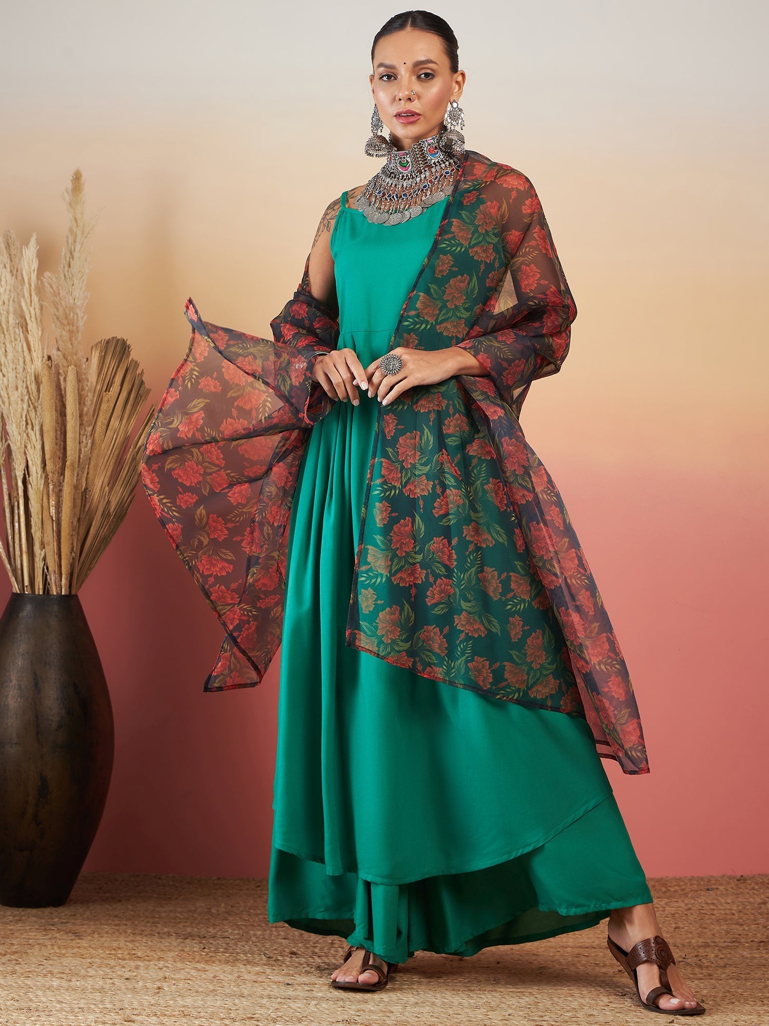 Women's EMERALD GREEN STRAPPY W BLACK ORANGE FLORAL PRINT OR DUPATTA SET - InWeave