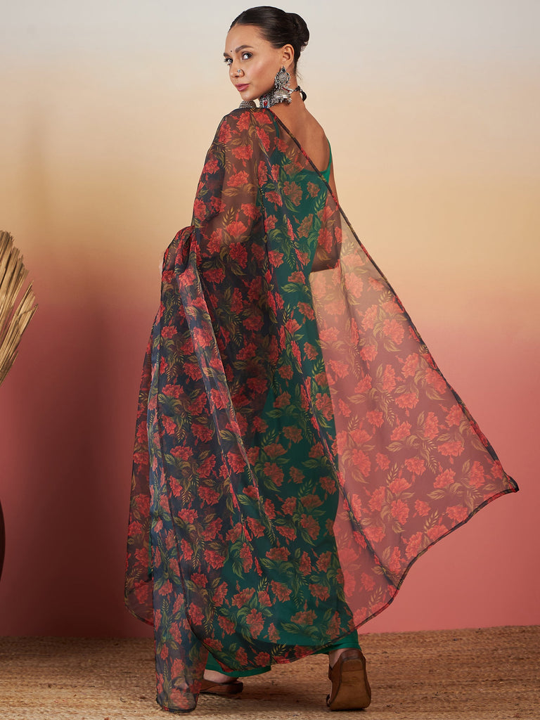 Women's EMERALD GREEN STRAPPY W BLACK ORANGE FLORAL PRINT OR DUPATTA SET