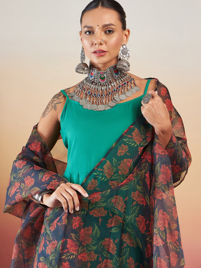 Women's EMERALD GREEN STRAPPY W BLACK ORANGE FLORAL PRINT OR DUPATTA SET