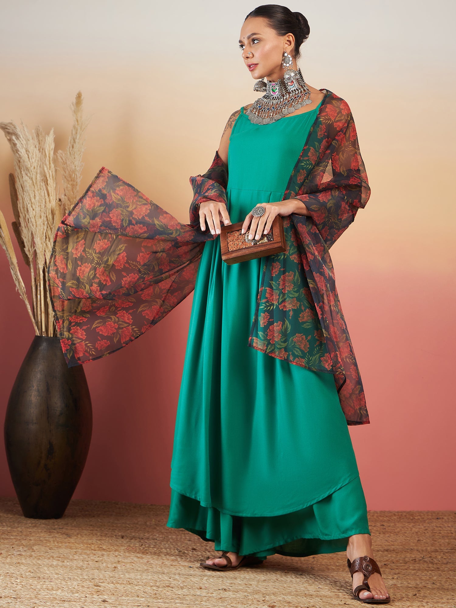 Women's EMERALD GREEN STRAPPY W BLACK ORANGE FLORAL PRINT OR DUPATTA SET - InWeave