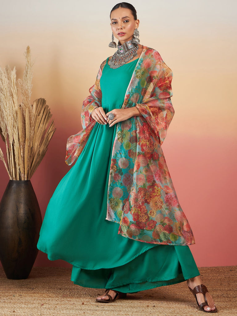Women's EMERALD GREEN STRAPPY W GREEN ORGANZA DUPATTA SET