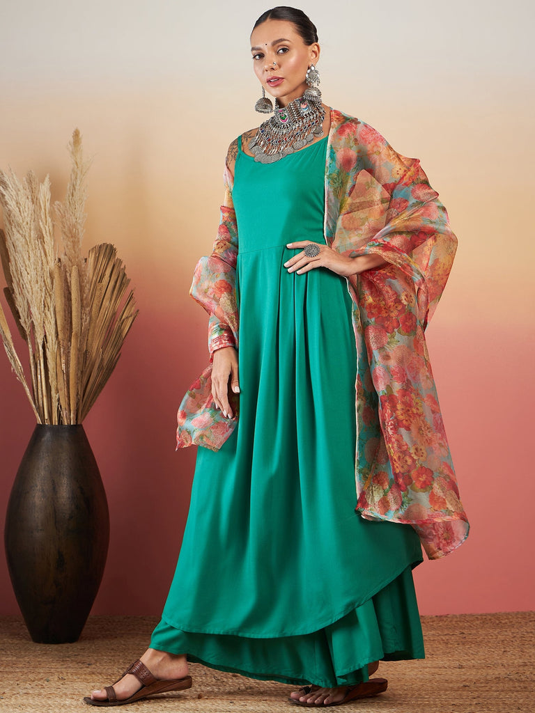 Women's EMERALD GREEN STRAPPY W GREEN ORGANZA DUPATTA SET