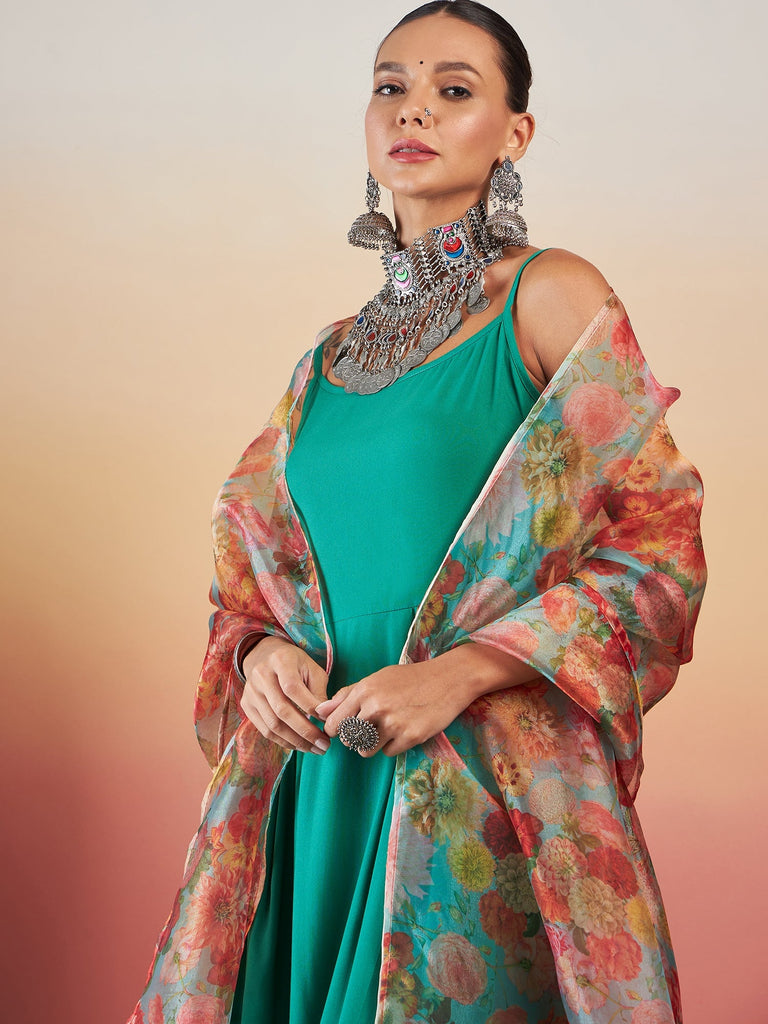 Women's EMERALD GREEN STRAPPY W GREEN ORGANZA DUPATTA SET