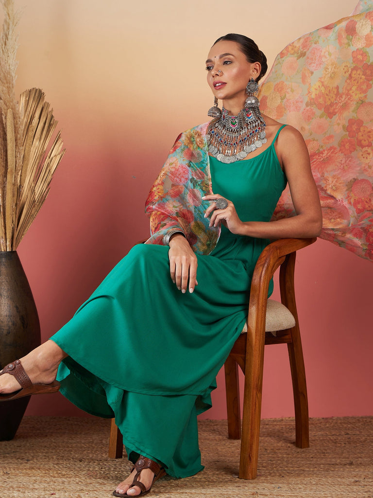 Women's EMERALD GREEN STRAPPY W GREEN ORGANZA DUPATTA SET