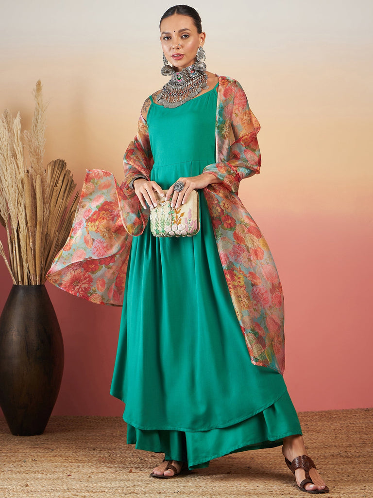 Women's EMERALD GREEN STRAPPY W GREEN ORGANZA DUPATTA SET