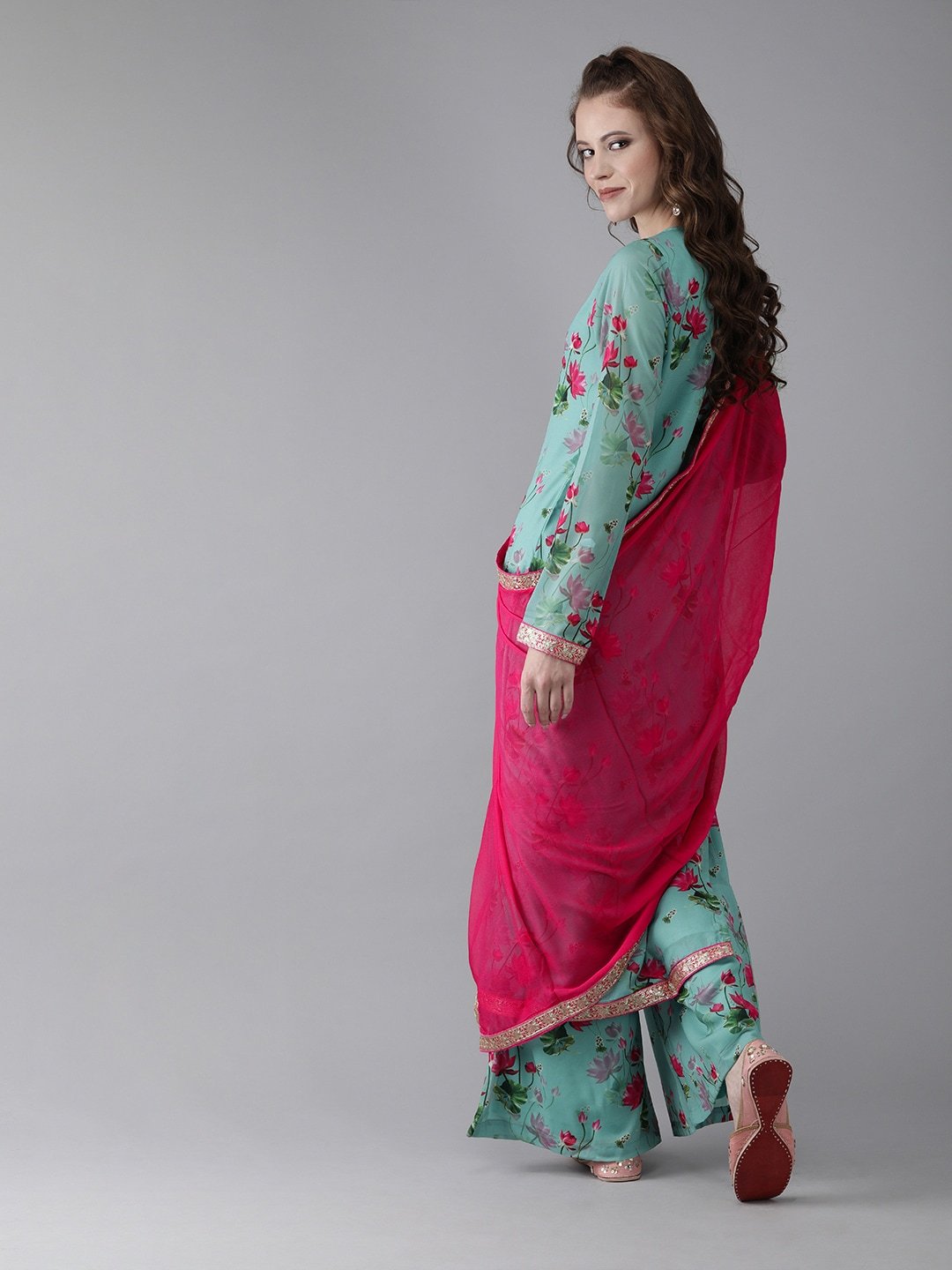 Women's  Turquoise Blue & Pink Printed Kurta with Palazzos & Dupatta
