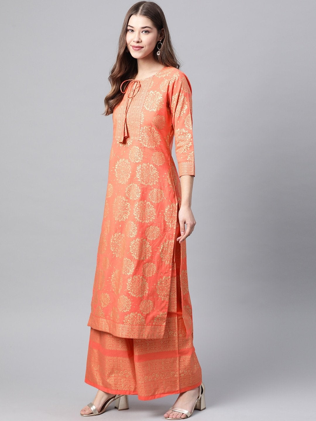 Women's Coral Orange & Golden Printed Pure Cotton Kurta with Palazzos