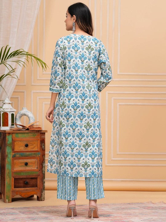 Women's Floral Printed Regular Cotton Straight Kurta with Trousers & With Dupatta