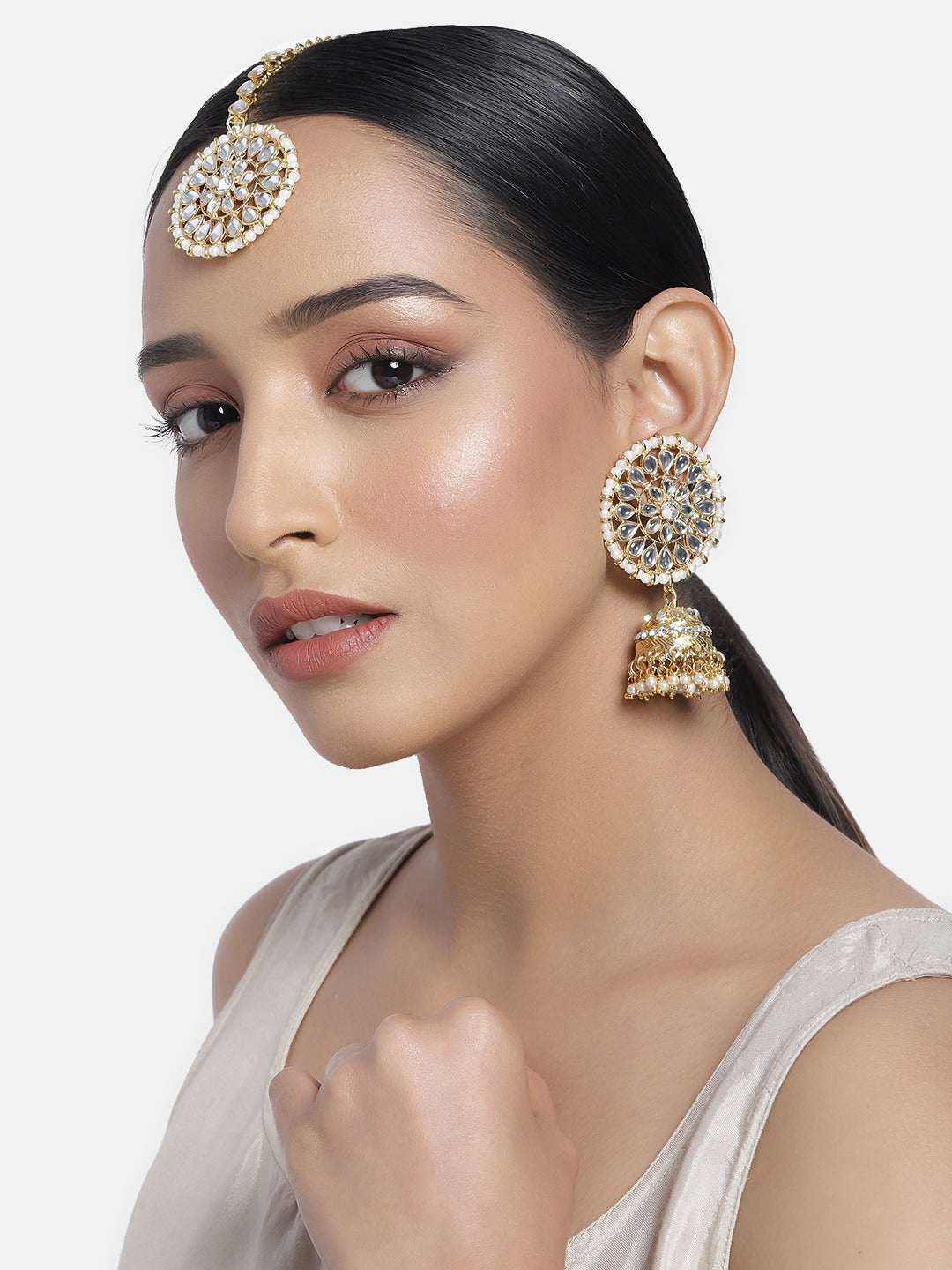 Women's Traditional Gold Plated Chandbali Kundan & Pearl Earring Set with Maang Tikka