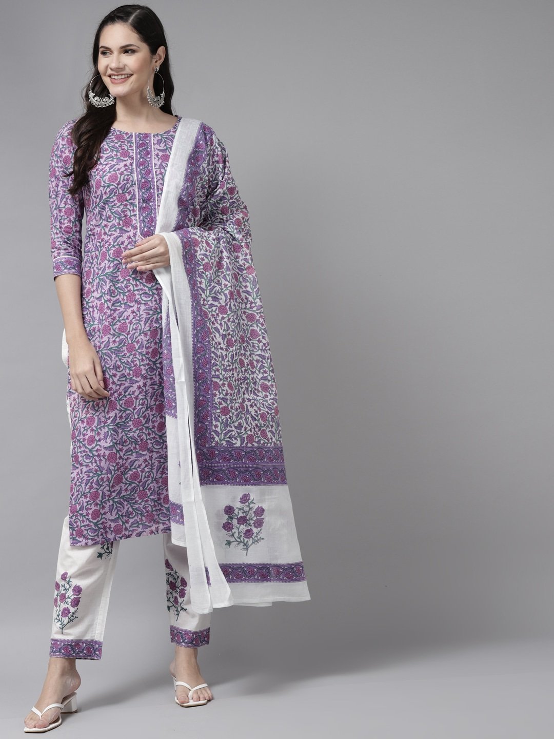 Women's Lavender & White Printed Kurta Set