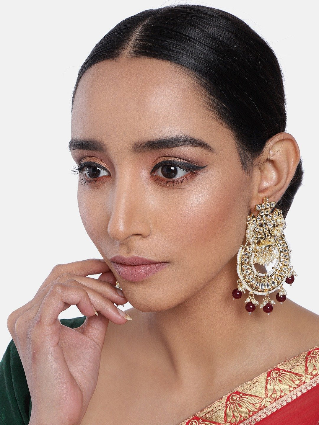 Women's  Gold Plated Kundan & Pearl Traditional Handcrafted Maroon Jhumki