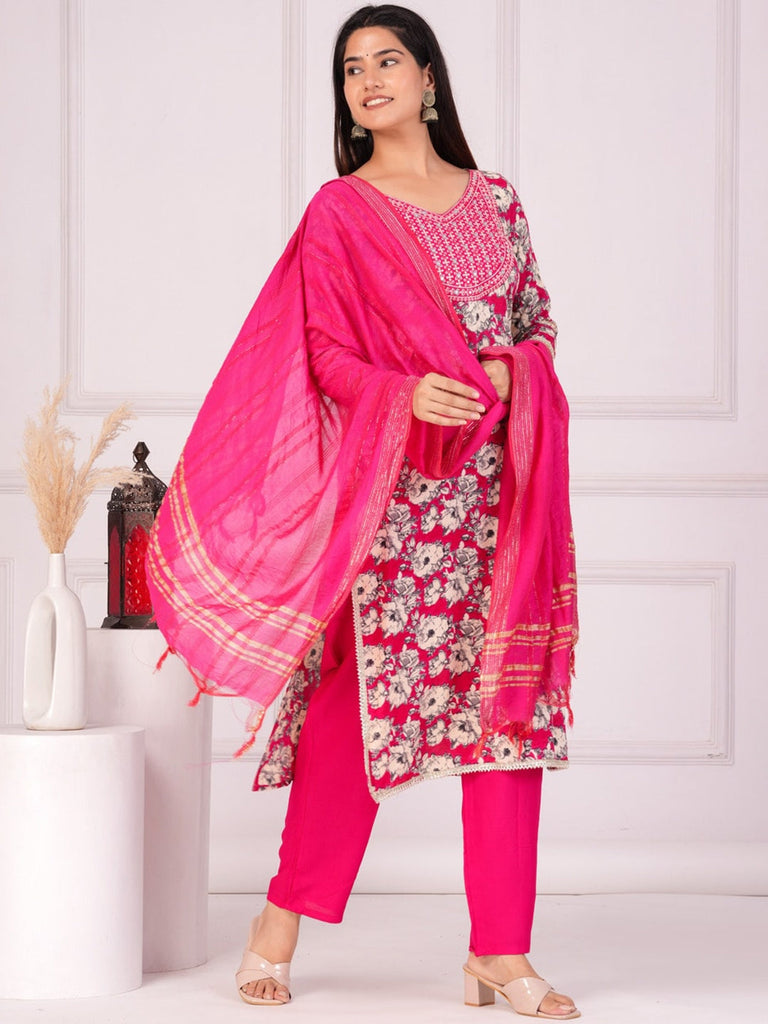 Women's Floral Printed Regular Straight Kurta & Palazzos With Dupatta