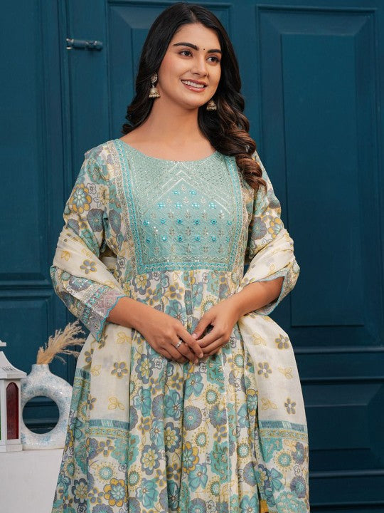 Women's Floral Embroidered Regular Cotton Kurta with Trousers & With Dupatta