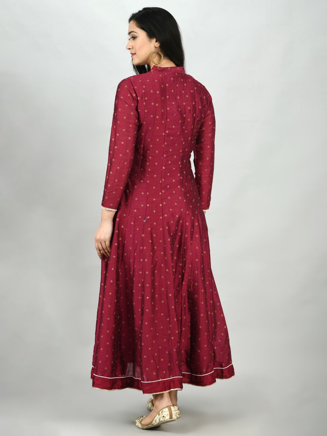 Women's Wine Georgette Printed 3/4 Sleeve Mandarin Neck Casual Anarkali Kurta Dupatta Set