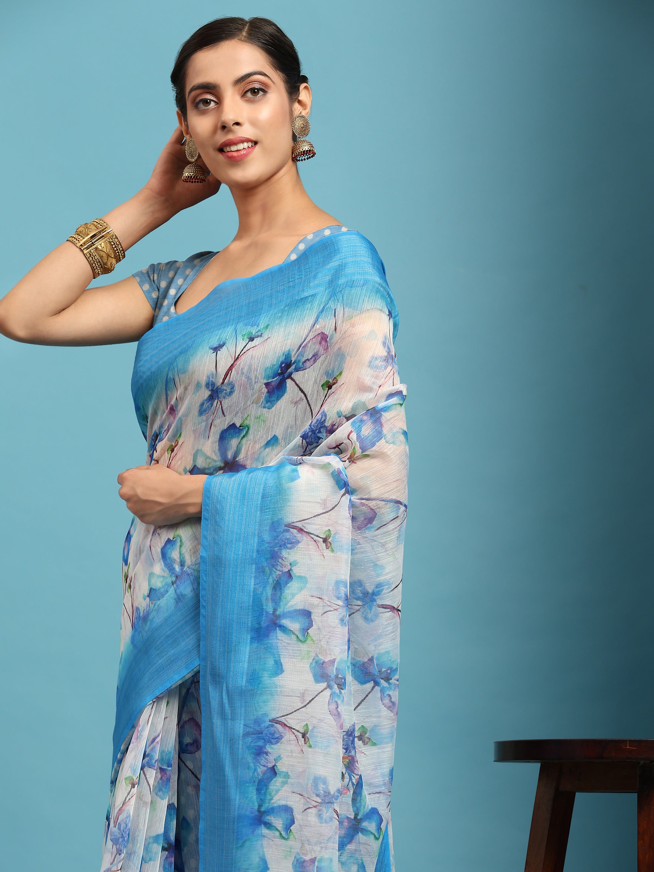 Women's Blue Summer Wear Linen Cotton Saree - Vamsee
