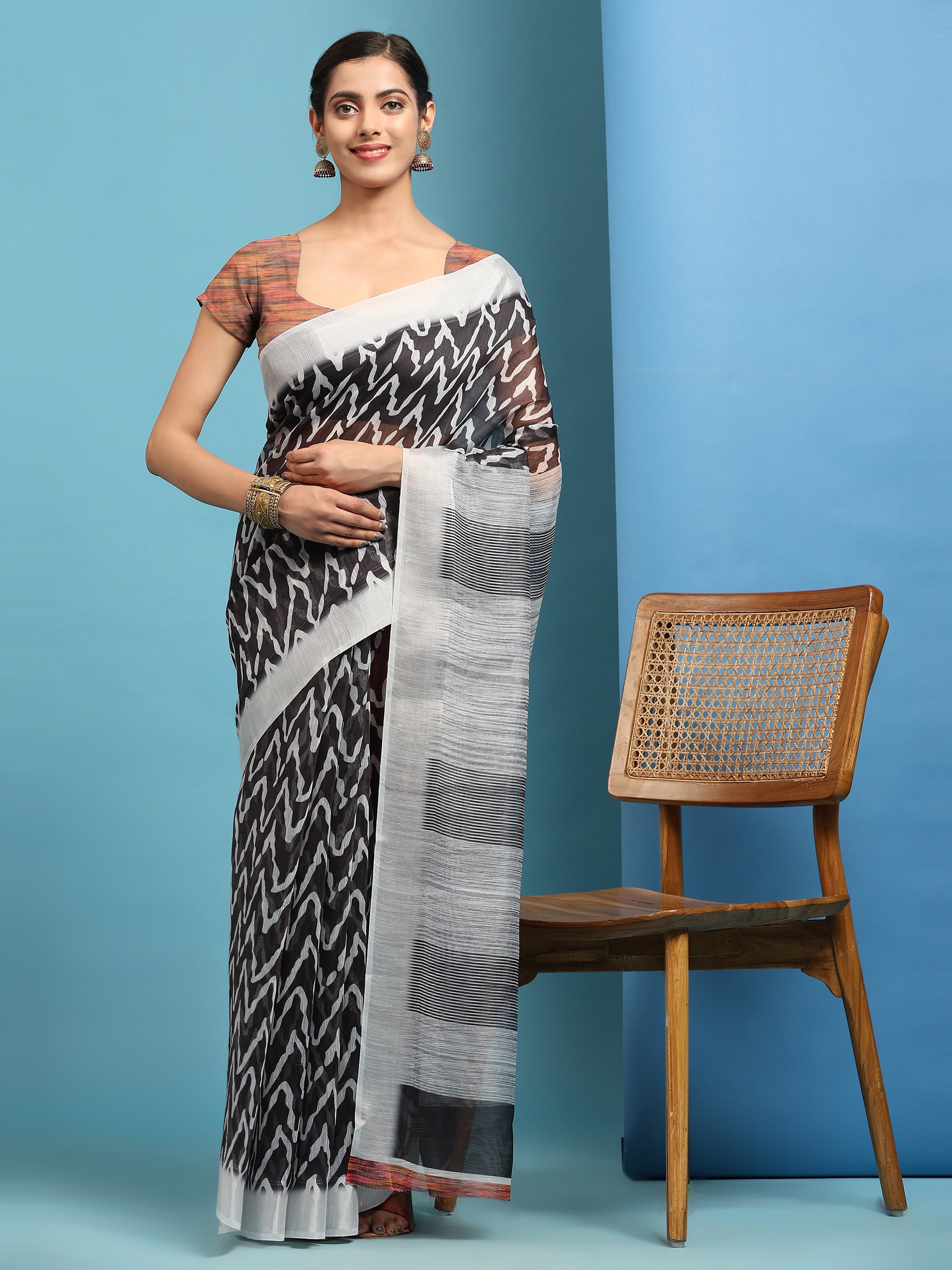 Women's Black Summer Wear Linen Cotton Saree - Vamsee