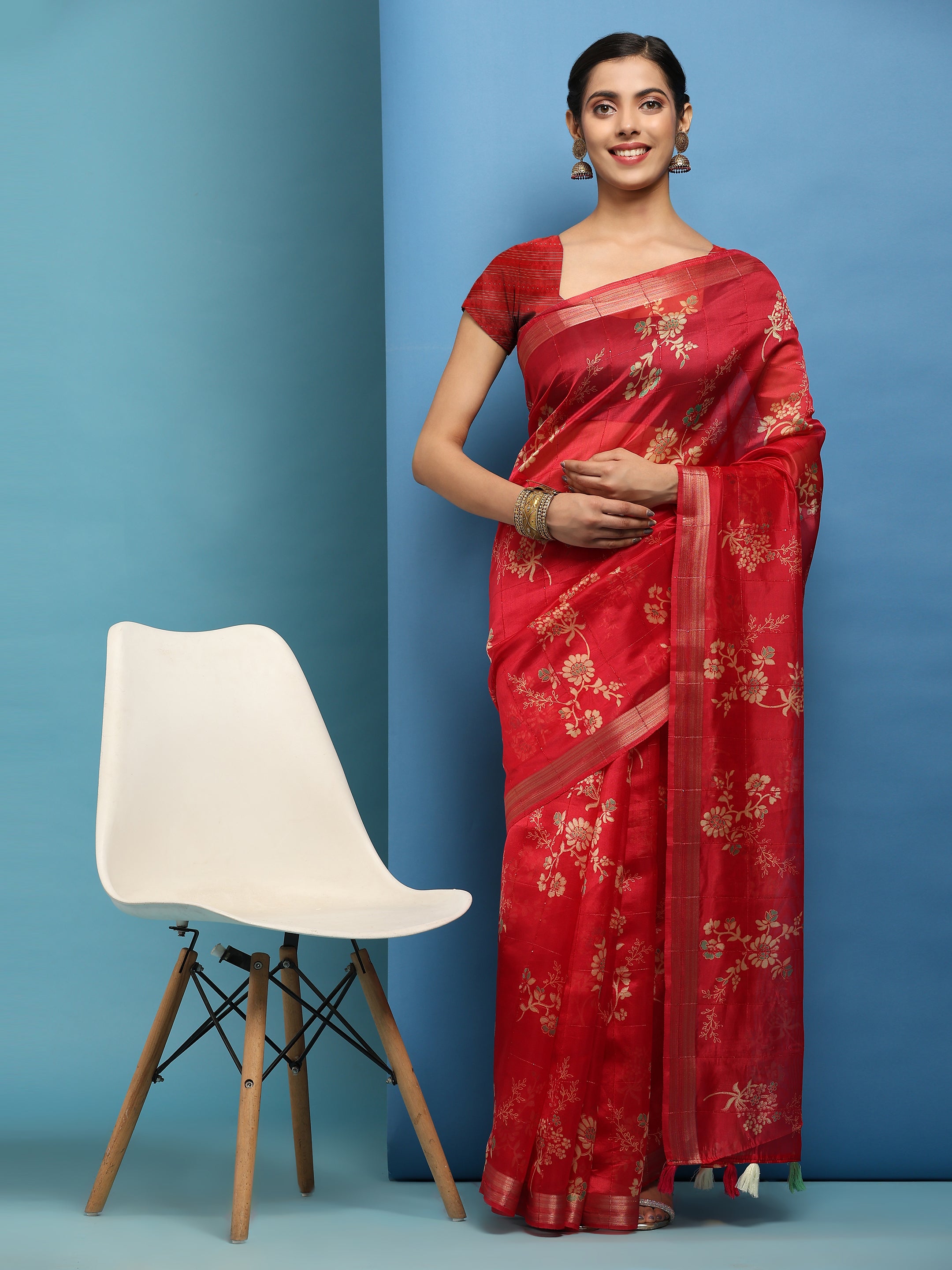 Women's Red Summer Wear Linen Cotton Saree - Vamsee