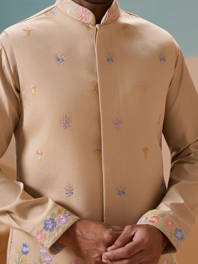 Men's Beige Viscose Silk Multi Thread With Sequence Embroidered Work Kurta Set