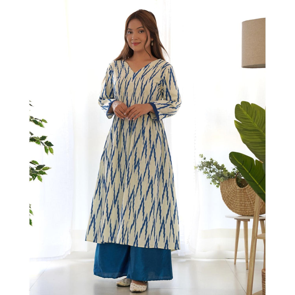 Women's White Ikat Kurta Palazzo Set