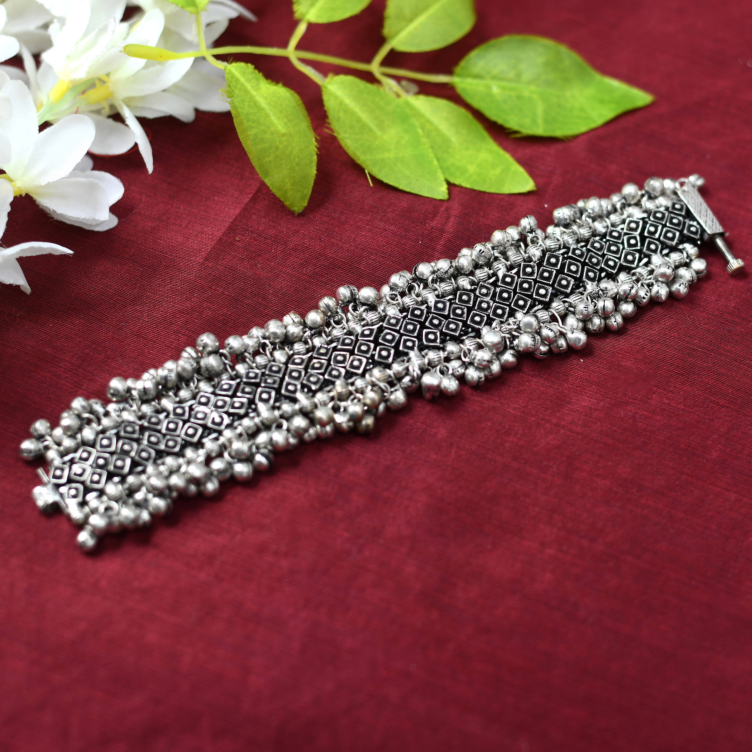 Johar Kamal Oxidised Silver-Plated Bracelet With Ghungroo