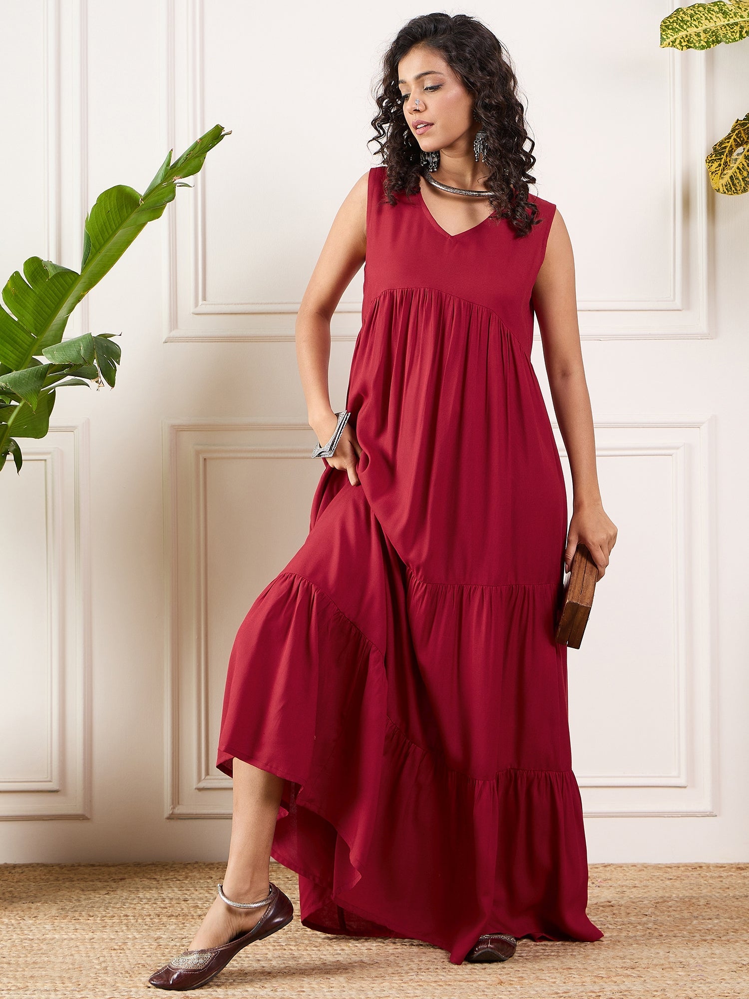 Women's Maroon V Neck Sleeveless Long Tiered Dress - InWeave