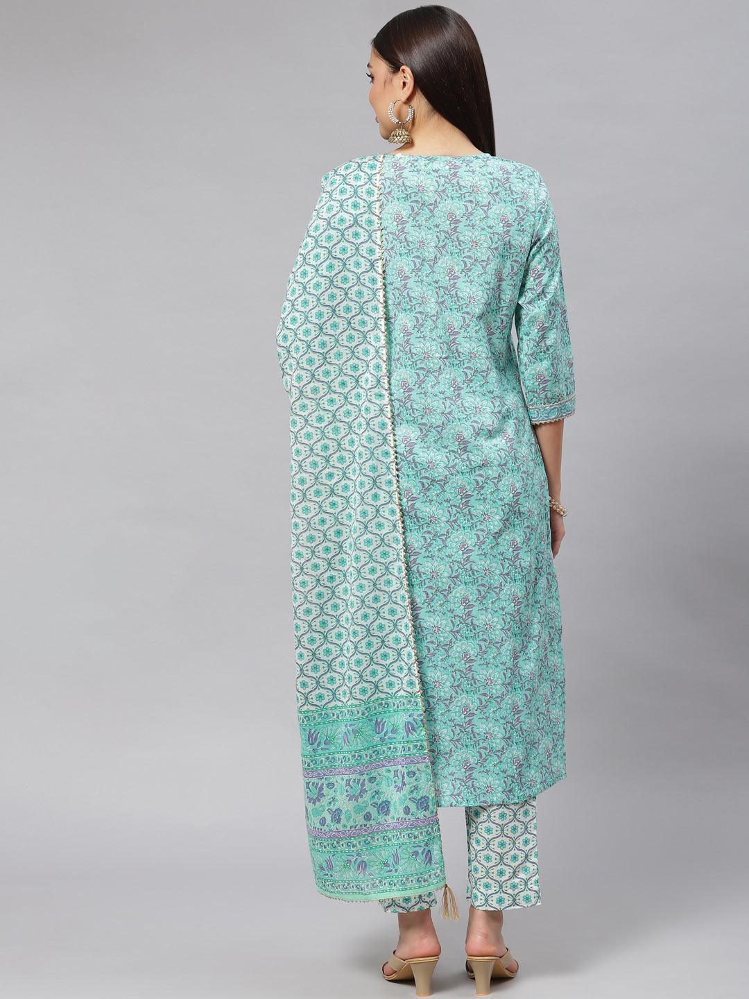 Women's Sea green Cotton kurta Pant set with Dupatta - Taantav