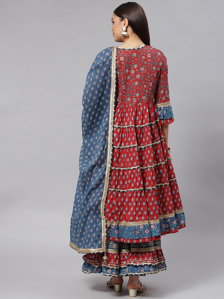 Women's Maroon & Blue Anarkali Kurta Sharara Set with Dupatta