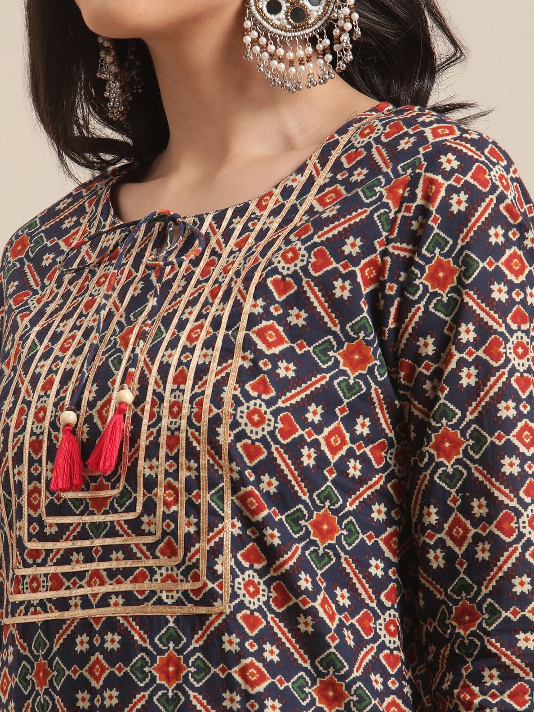 Women's Blue And Maroon Abstract Printed Kurta With Gota Work On Yoke And 3/4Th Sleeves