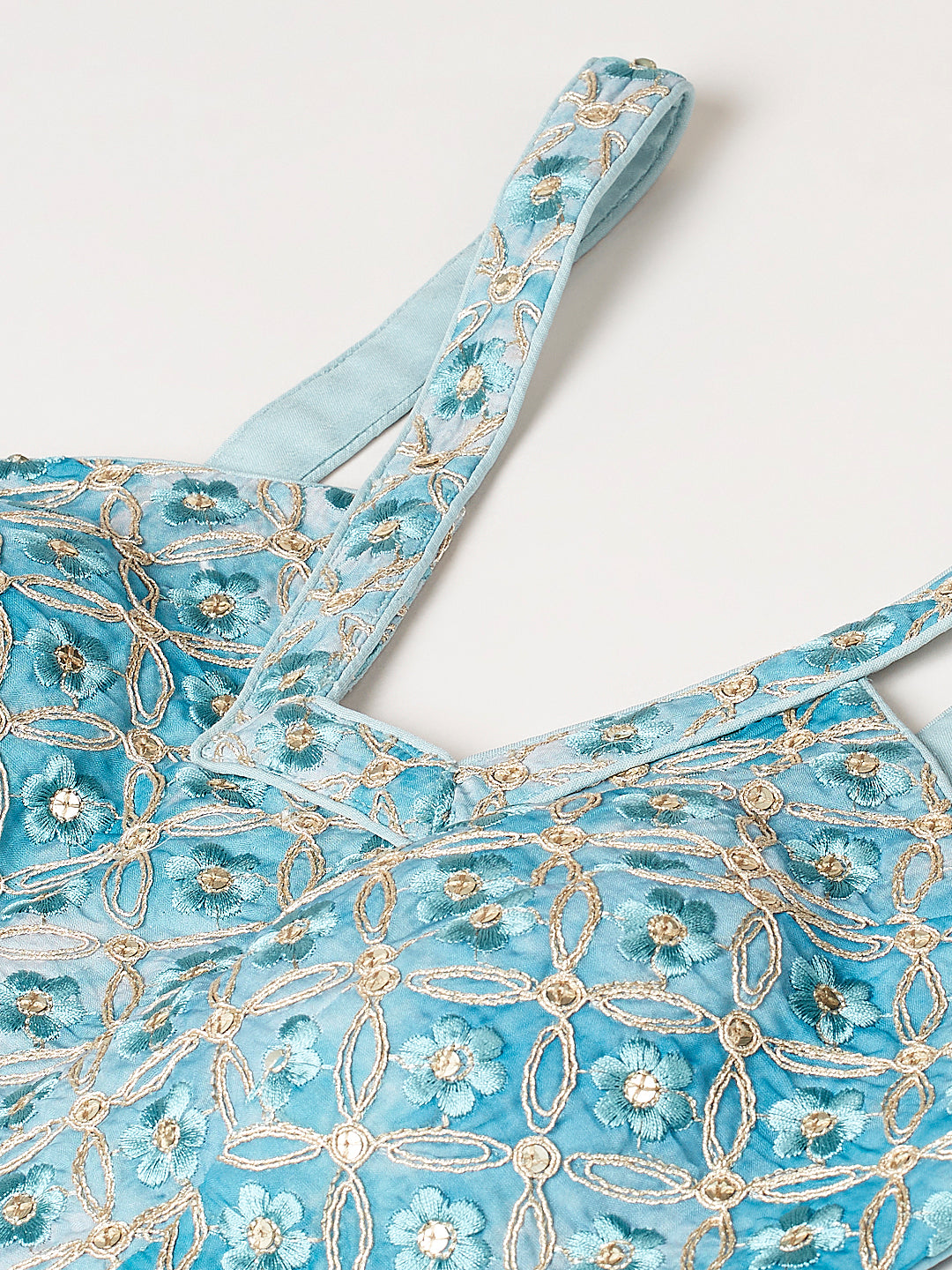 Women's Turquoise Blue Organza Floral Printed Semi-Stitched Lehenga Choli & Dupatta - Royal Dwells