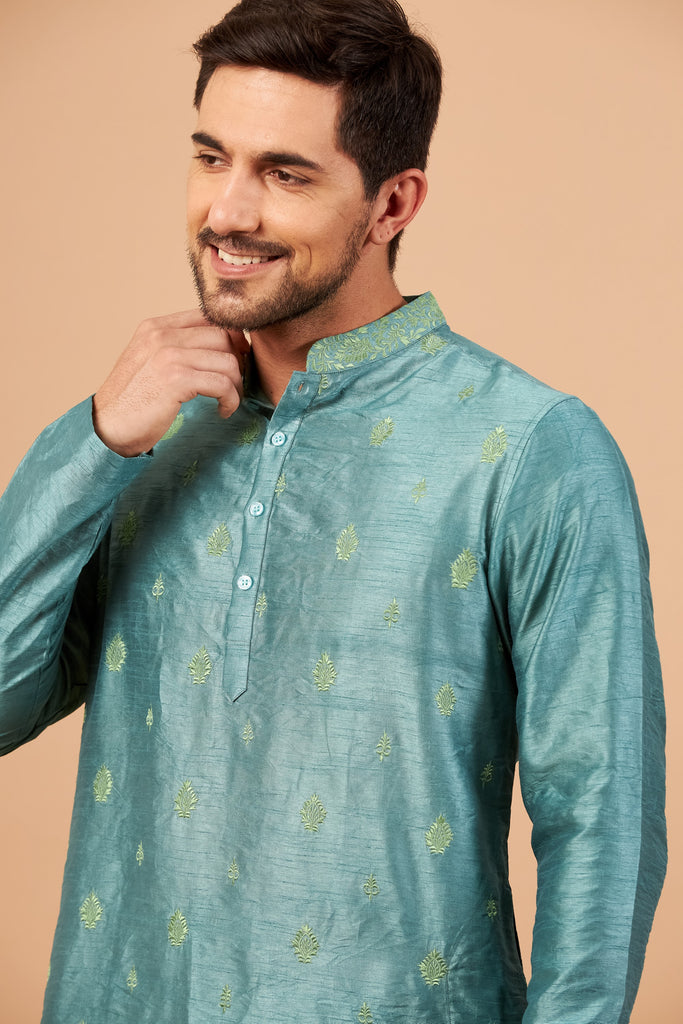 Men's Teal Color Two Motif Embroidered Kurta Semi Raw Silk Mix