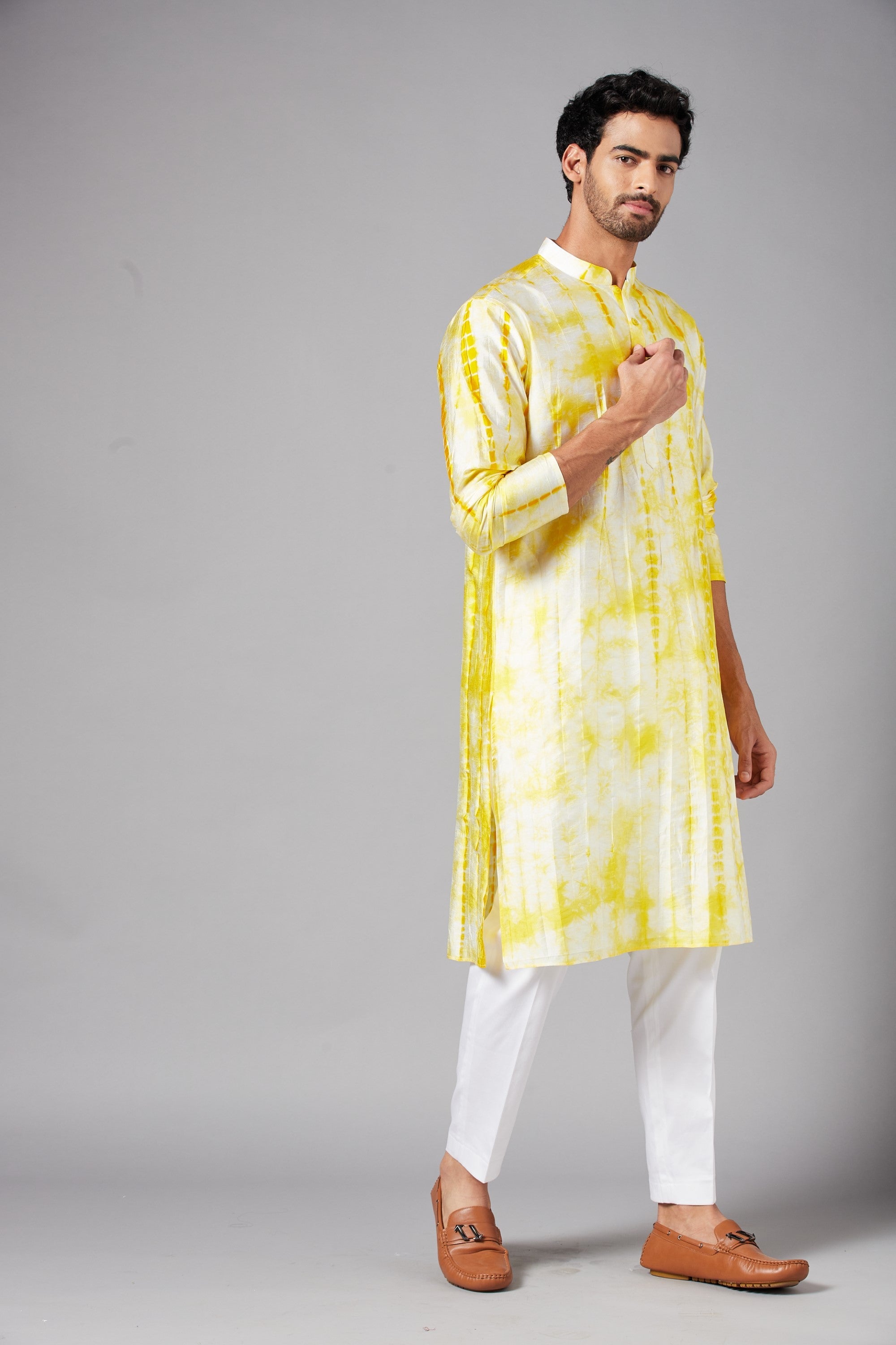 Men's Yellow & White Color Tintlo Yellow Tie & Die Kurta Semi Rawsilk Mix