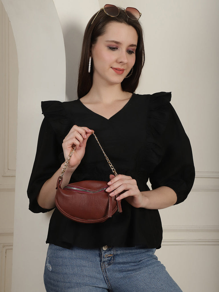 Women's Black Solid Women's Top With Frills