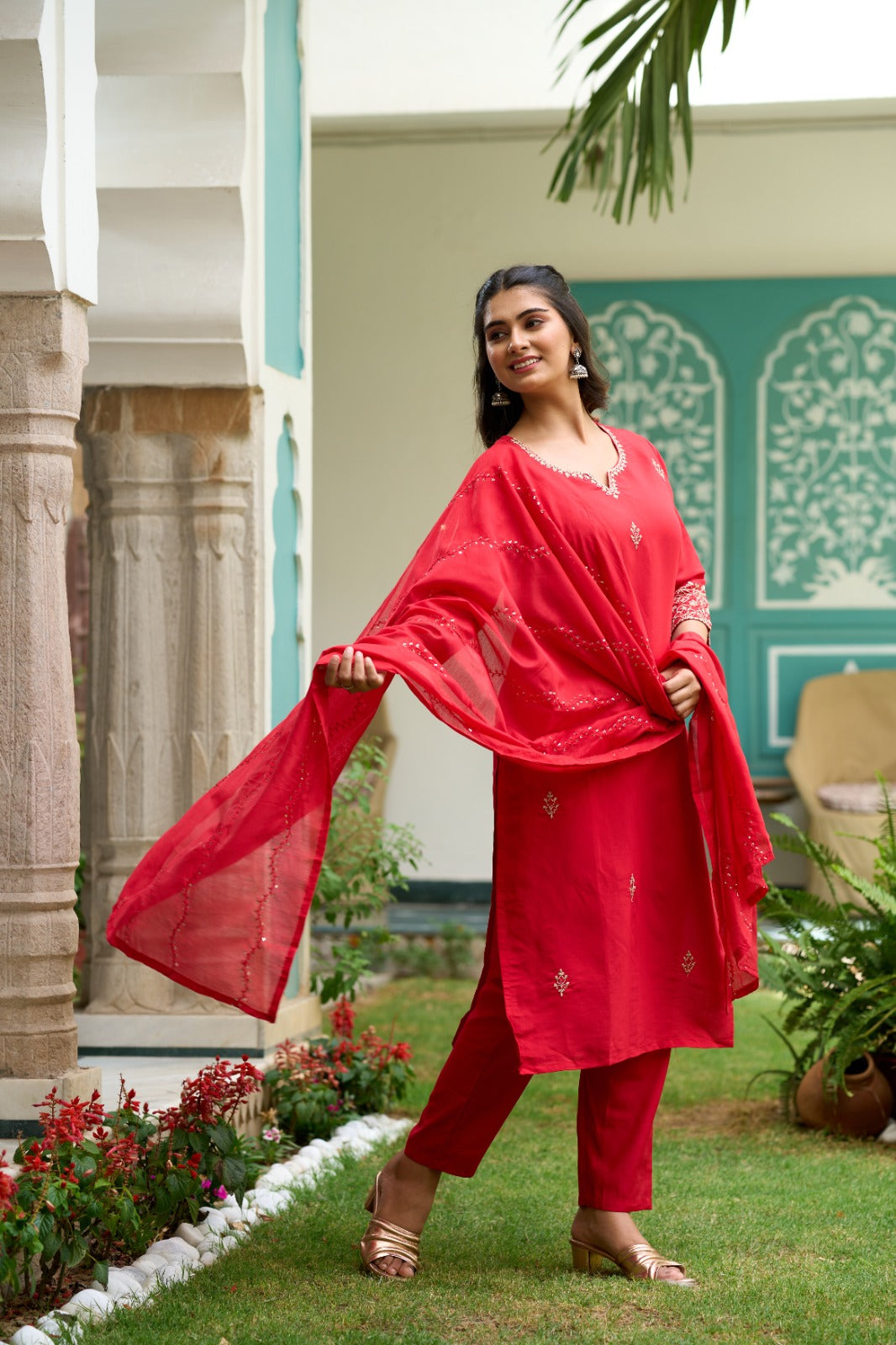 Women's V Neck Embroidered Work Soft Chanderi Fabric Kurta & Pant With Dupatta Set - Taantav