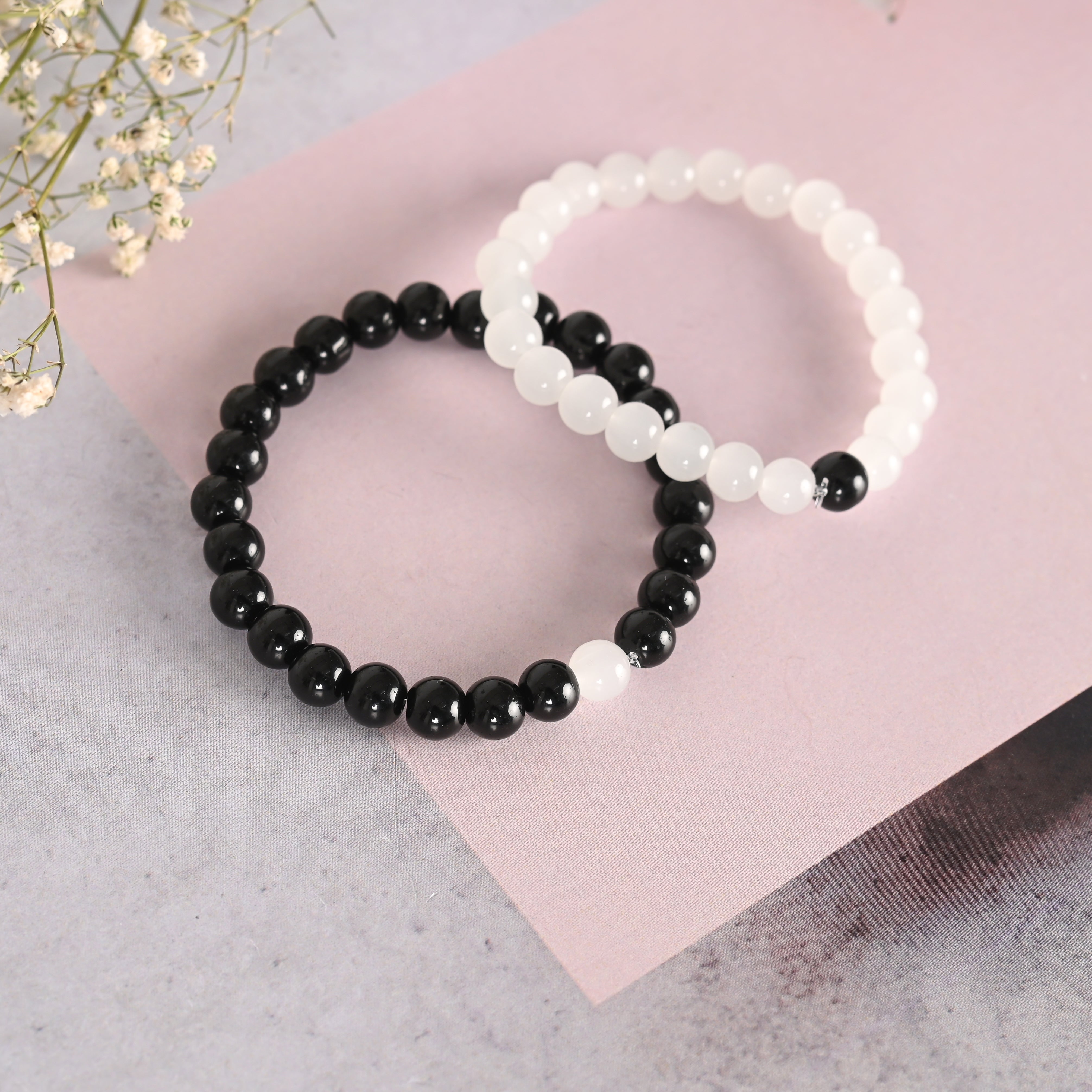 Unisex White & Black Marbel Crystal Elasticated Bracelet