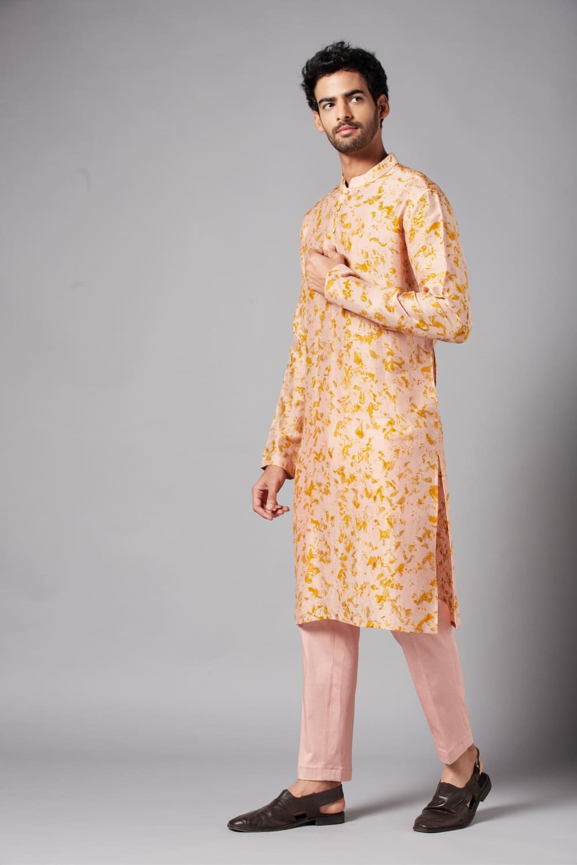 Men's Peachy Natural Dye Kurta With Crop Pants Coord Set Of Marigold Flowers - Hilo Design