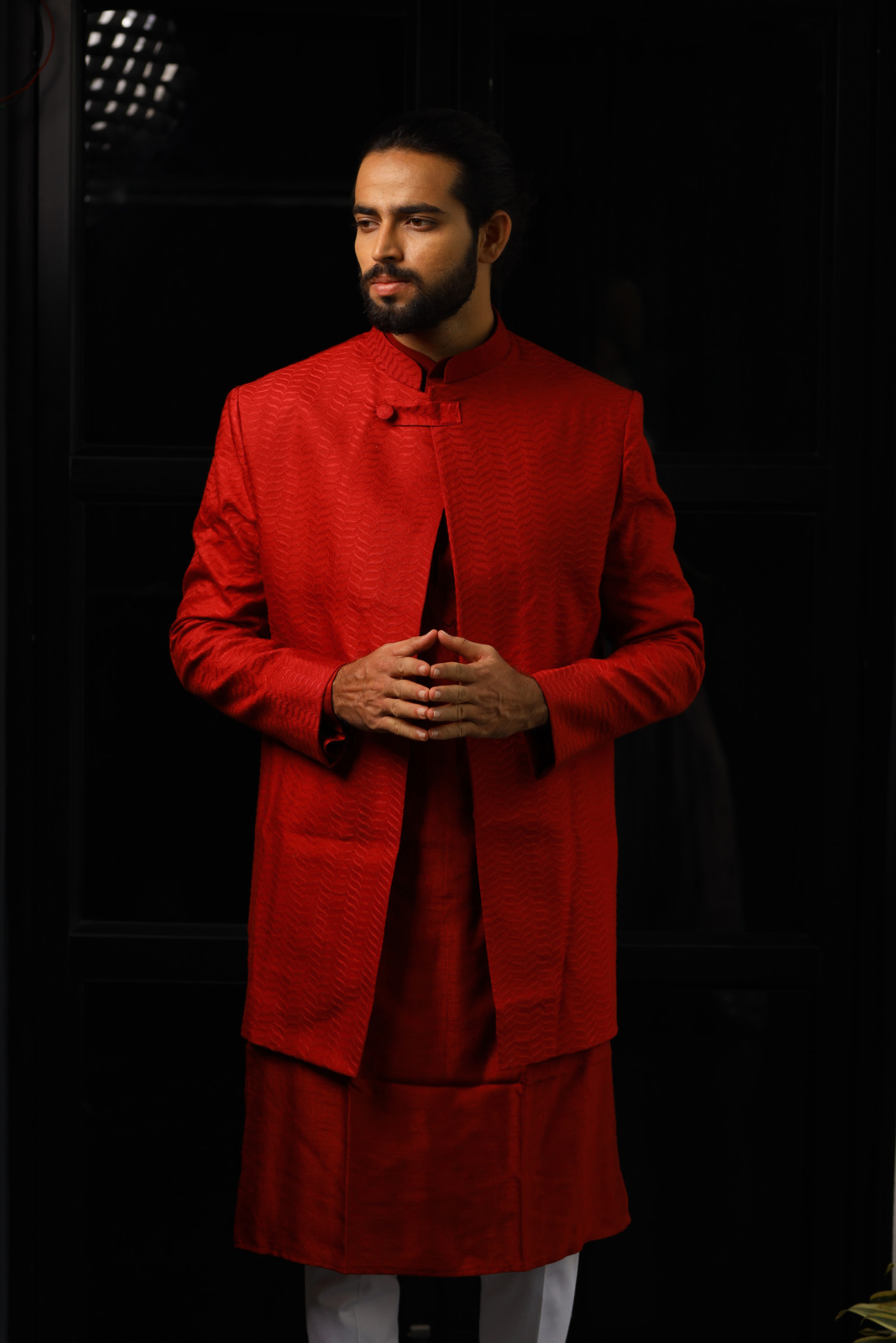 Men's Red Color Indo-Western Suit - Hilo Design