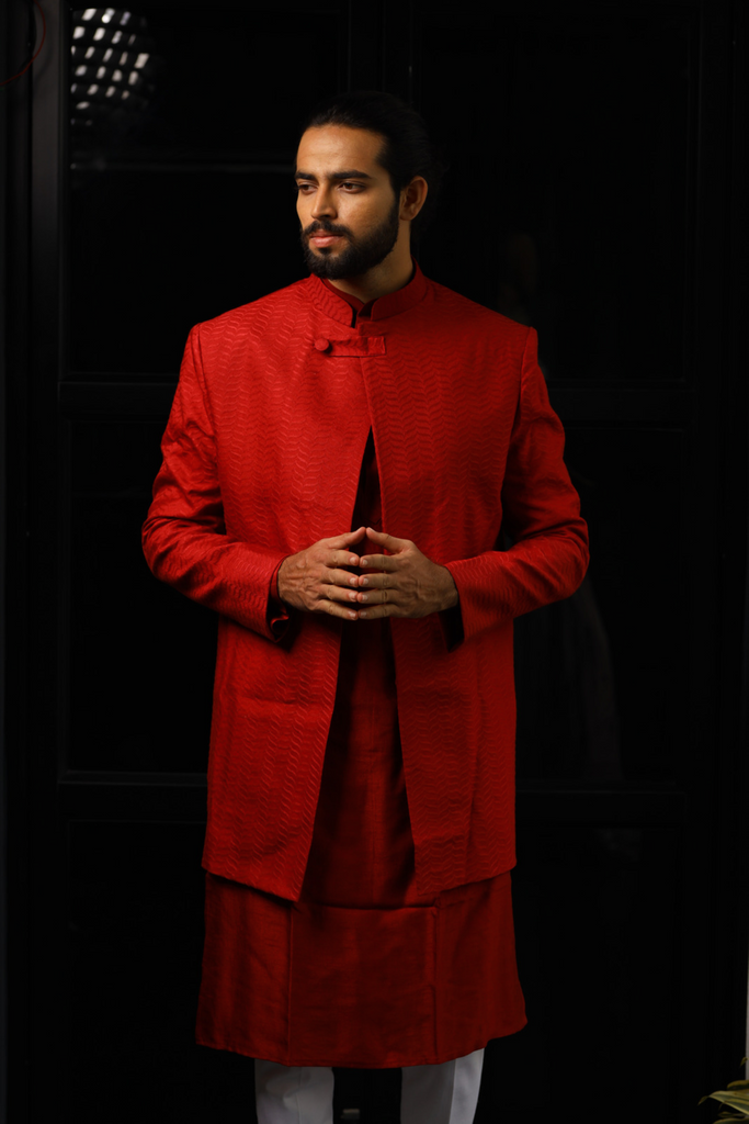 Men's Red Color Indo-Western Suit