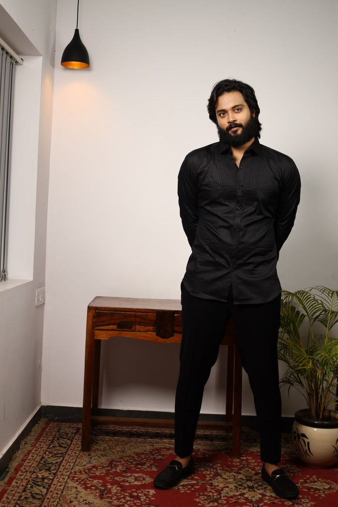 Men's Black Color Black Pintuck Shirt Full Sleeves Shirt